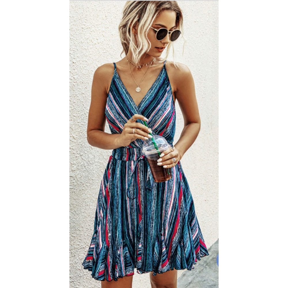 Striped V-Neck Spaghetti Strap Summer Dress in Teal Multi